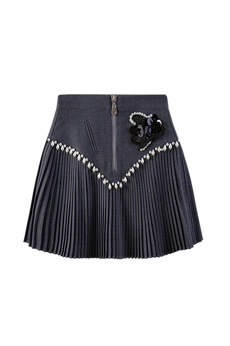

2021 Spring Autumn Short skirts Fashionable Pearl Decorative Pleated Hip All-Match Women Ladies Girls Casual Mini Skirts