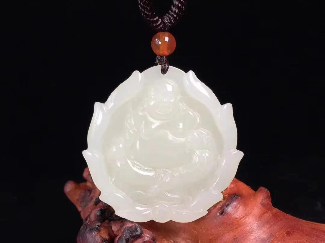 

Natural hetian white jade handcarved lotus Buddha jade pendant simple retro temperament jewellery fashion for women men