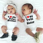 Забавные комбинезоны для новорожденных с надписью I Love My Twin Brother Sister, милый комбинезон с коротким рукавом для маленьких мальчиков и девочек, подходящая ко всему Одежда