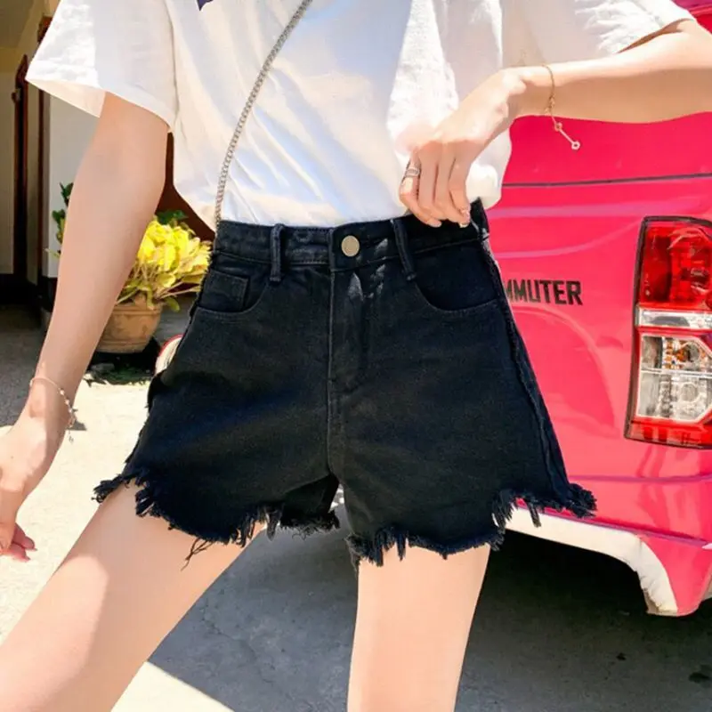 

Ripped Holes Black Jeans Shorts Summer Basic Denim Shorts Women Korean 2021 Casual Cuffed Tassels