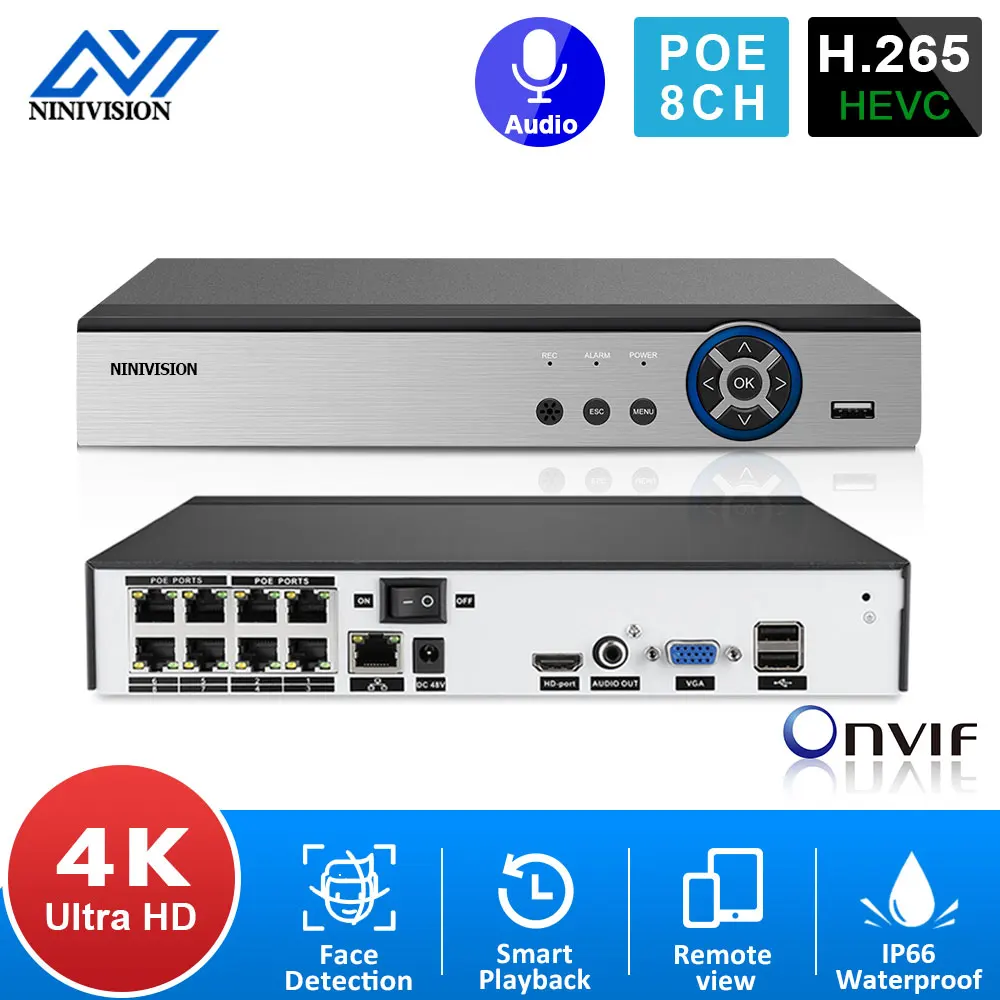 

Сетевой видеорегистратор NINIVISION 8CH 4K POE NVR с 8 портами CCTV сетевой видеорегистратор с поддержкой распознавания лица H.265 для IP-камеры системы без...