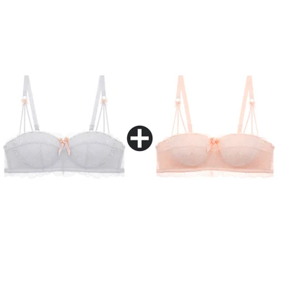 Pink And Grey Top 2 шт., бюстгальтеры для женщин, маленькая грудь, беспроводной бюстгальтер, кружевной бесшовный бюстгальтер с эффектом пуш-ап и трусики, набор, половина чашки, сексуальные трусы, нижнее белье - Цвет: Pink And Grey Top