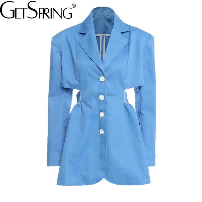 

GetSpring Women Blazer Backless Hollow Out Single Breasted Long Sleeve Ladies Suit Coat Loose Long Woman Jacket Autumn 2021 New