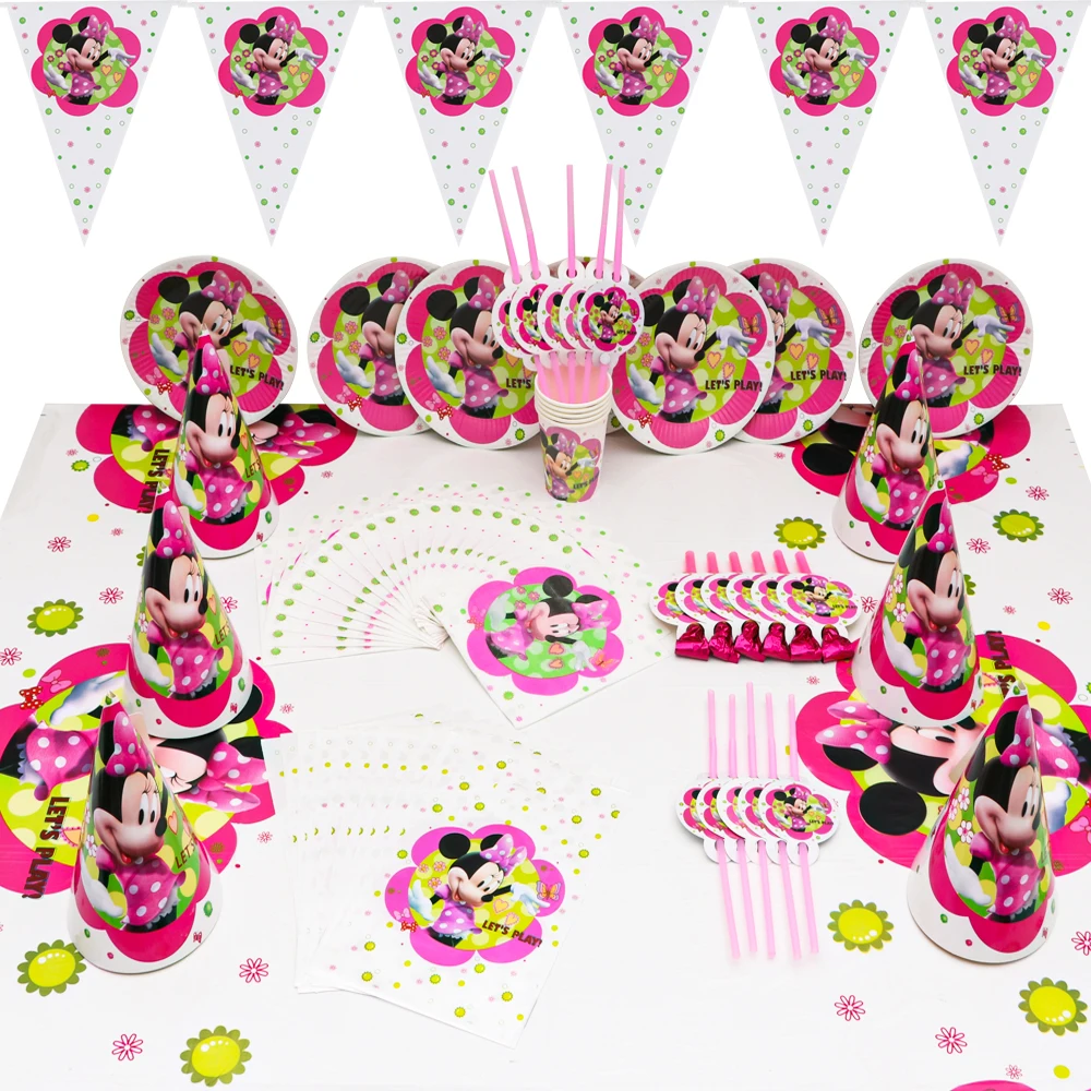 

83Pcs Disney Minnie Mouse Party Tablecloth Decorations Birthday Hat Plate Napkin Disposable Tableware Girls Christening Hot Sale