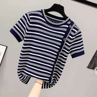 tee shirt femme 2022 summer striped t shirt women knitted clothes for woman t shirts button o neck short sleeve tees top mujer