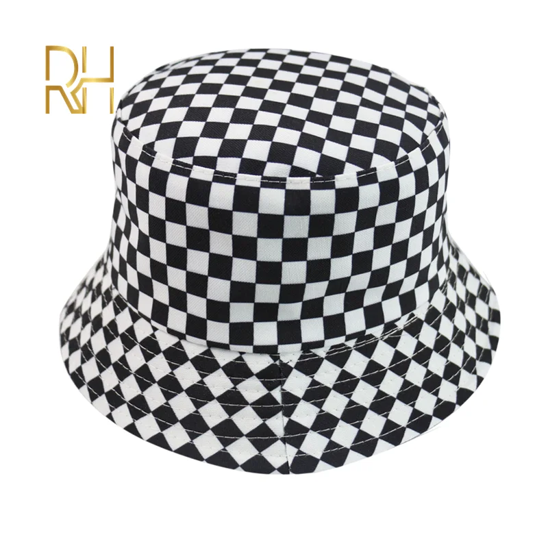 Панама Двусторонняя хлопковая в черно-белую клетку для мужчин и женщин модная