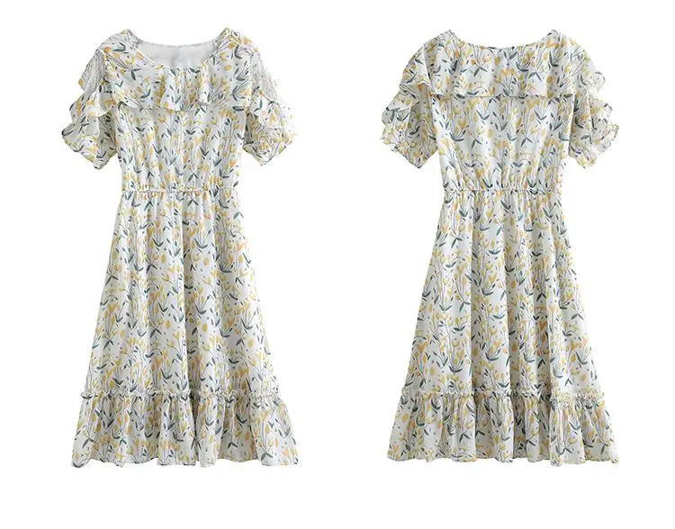 

French Off Shoulder Dress Ladies Summer Korean Elegant Floral Print Chiffon Dresses For Temperament Women Skirt Vestidos