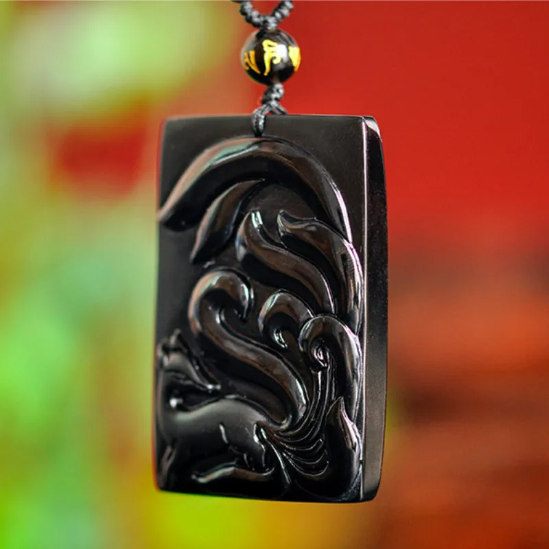 Резной черный обсидиан с девятью хвостами лисы нефрита кулон ожерелье китайская