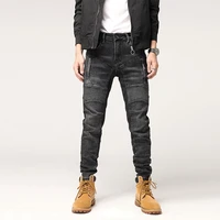 street style fashion men jeans retro black gray elastic slim fit biker jeans men spliced designer hip hop denim punk pants