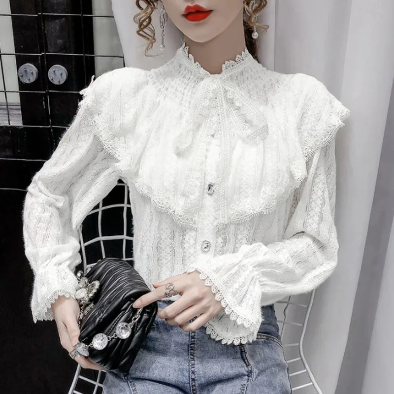 #2005 базовые Топы с воротником-бантом кружевные рубашки блузка Женская винтажная