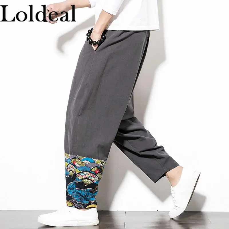

Loldeal Men Chinos Pants Retro Comfortable Cotton and Linen Loose Casual Ethnic Style Harlan