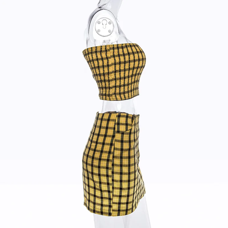 

Women Fashion Sweet Summer Clothes Set Off Shoulder Ruched Yellow Plaid Skinny Short Length Tops Mini Pencil Skirts