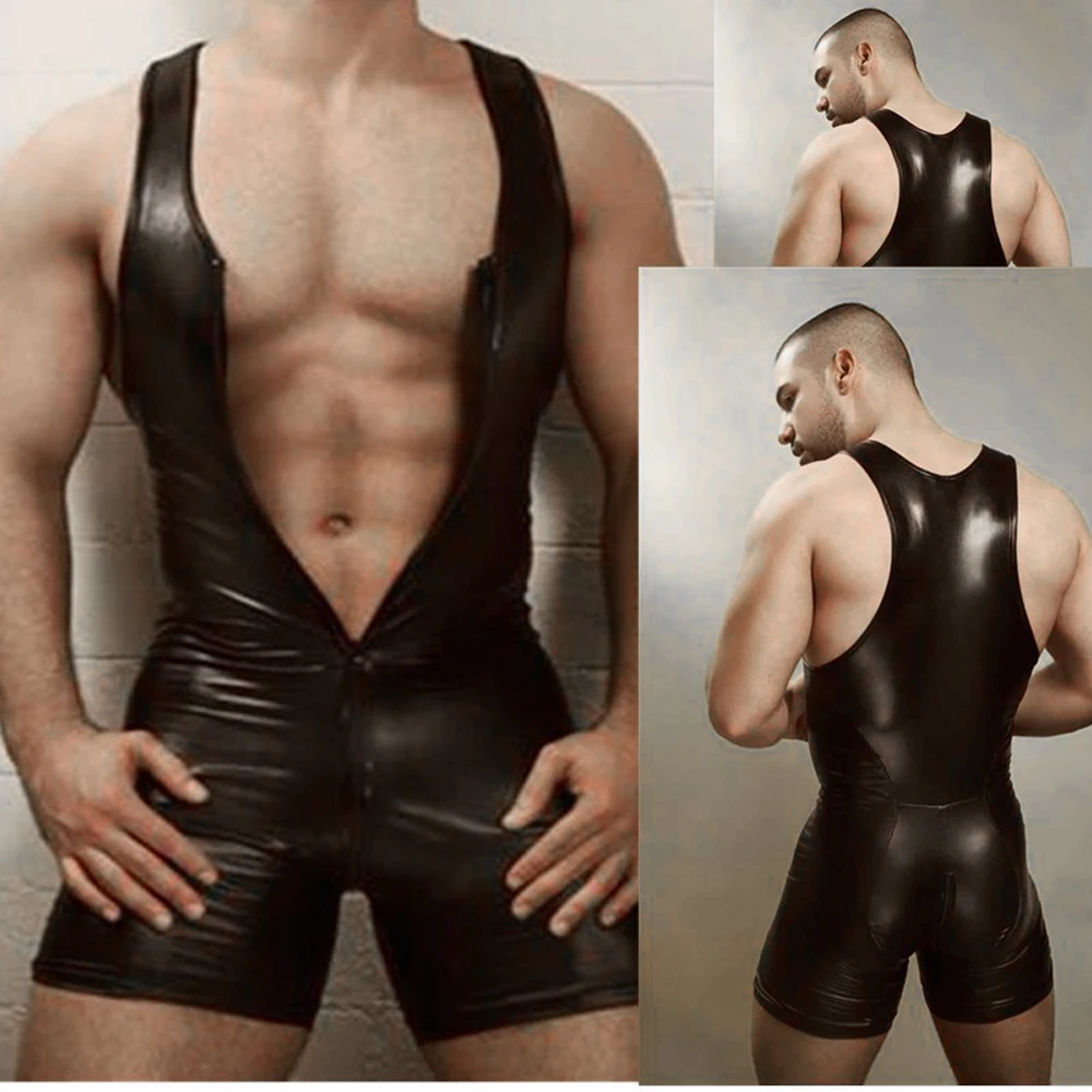 Men Sexy Lingerie Bodysuit Black Sexy Wetlook Faux Leather Zipper Open Bust Stretch Tight Erotic Catsuit Fetish Gay Costumes