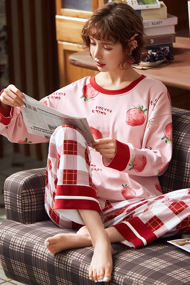 

Sweet Lovely Sleepwear Pure Cotton Ladies pyjama femme pijamas women piama pyjama bielizna nocna pink strawberry pijamas