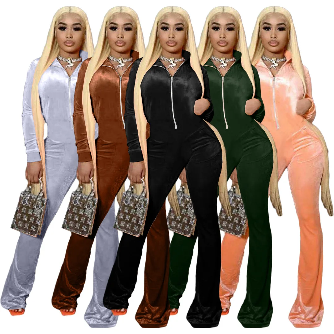 

Casaul Women Jumpsuit Velvet Front Zipper Flare Pants Solid Color Streetwear Long Romper Women Jumpsuit Outfit