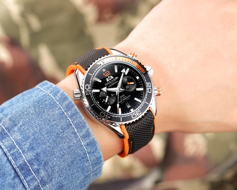 

Automatic Self Wind Mechanical Canvas Rubber Strap Orange Blue Red Multifunction Date Month Men Sport Watch