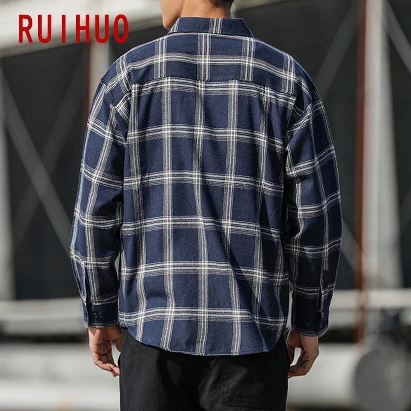RUIHUO Повседневная рубашка в клетку Мужские приталенные мужские рубашки с длинным