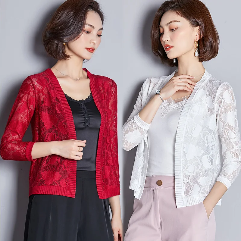 

Newest Hollow Out Lace Jacket Women 2019 Spring Summer Plus size Thin Vintage Three Quarter Sleeve Sunscreen Short Shawl Coat