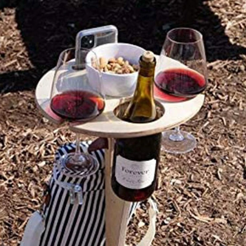 

Outdoor Foldable Wine Table with Strong Base Round Desktop Mini Wooden Picnic Table Easy to Carry Wine Rack