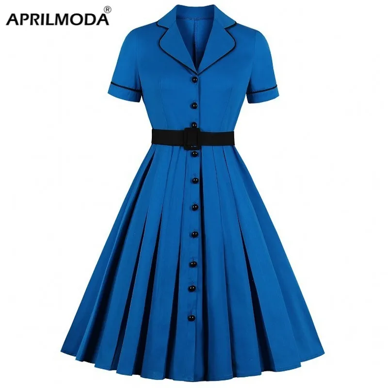 

S-4XL Robe Femme Summer Pleated Dress Shirt Vintage Rockabilly Jurken 50s Retro Big Swing Pinup Women Audrey Hepburn Vestidos