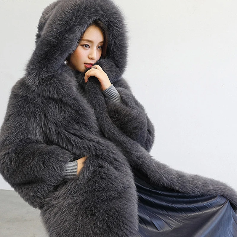 Women Real Fox Fur Coat With Hood Winter Thick Warm Luxury Fur Overcoats 2022 New Luxury Genuine Whole Skin Fox Fur Coat Natural