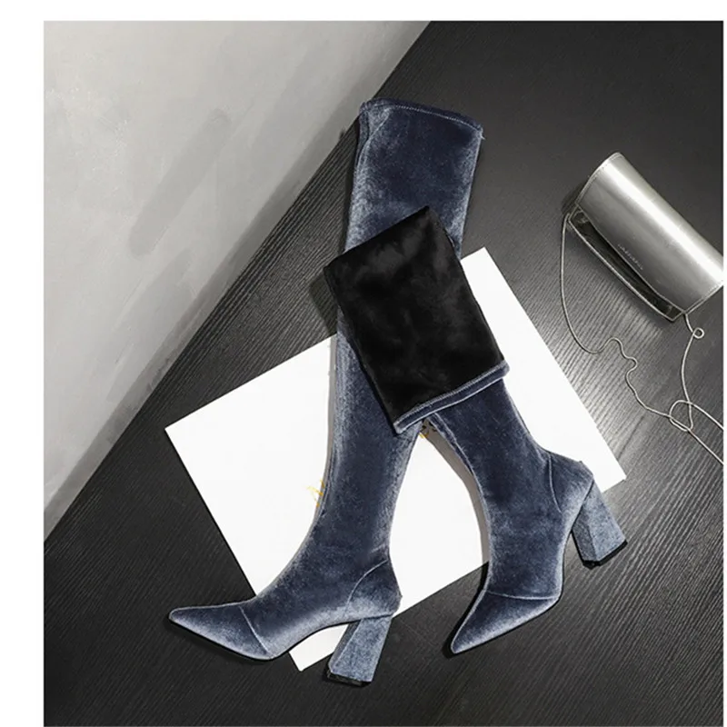 

New Flock Over The Knee Boots Height Increasing Pointed Toe Women Shoes Autumn Winter Casual Long Boots Size34-43