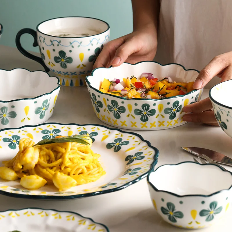 

Retro Ceramic Dinnerware Emboss Flower Penh Plate Dishes Household 6/7/8 Inch Salad Soup Bowl