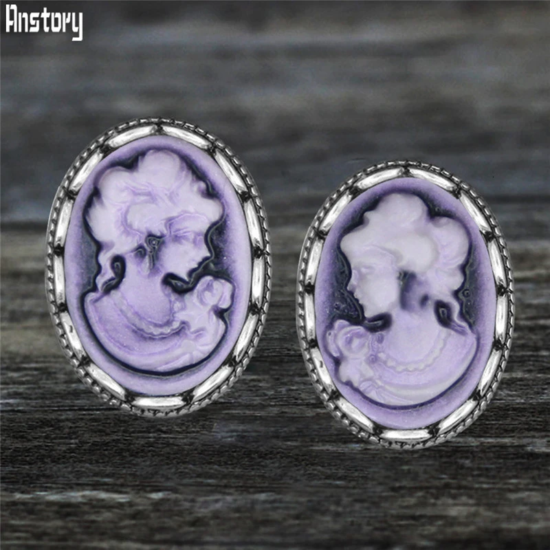 Purple Bead Женские серьги-гвоздики в виде камеи из нержавеющей стали, 6 цветов, античные посеребренные модные ювелирные изделия TE524 - Окраска металла: Purple Bead