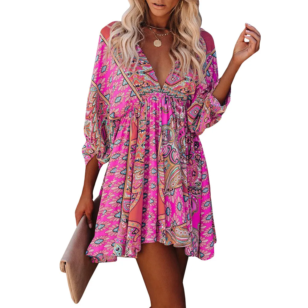 

Mandylandy Dress Summer Bohemian V-neck Pleated Three Quarter Sleeve Dress Women's Casual Beach Print Loose Dress