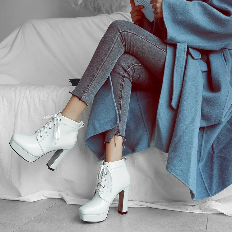 

Original Intention New Fashion Sexy Lace-up Ankle Boots Platform Real Leather Round Toe Round Heels Boots Woman Comfortable