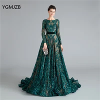 green sparkly sequin evening dress long sleeves 2019 floor length arabia formal dress evening prom gown robe de soiree