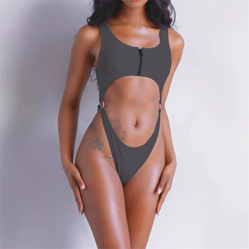 купальник женский Пуш-ап сдельный с высоким вырезом Одноцветный купальный