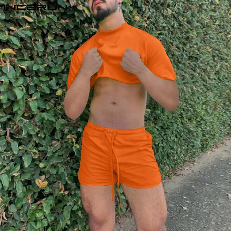 

Новинка 2021, мужские комплекты INCERUN, повседневные спортивные Модные Простые короткие брюки с коротким рукавом и шорты, комплекты одежды для о...