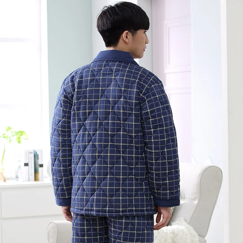 Men Blue Plaid Pajama Set Winter 3 layer Quilted Pyjamas Suits Thick Cotton Warm Sleepwear Night Suit Big Size Lounge Nightwear
