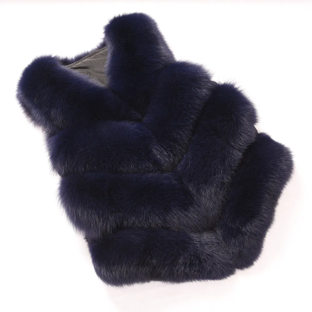 Navy JKKFURS Модный женский 4 ряда меховой жилет настоящий мягкий толстый лисий мех жилет женский Зимний натуральный жилет S1677 - Цвет: Navy