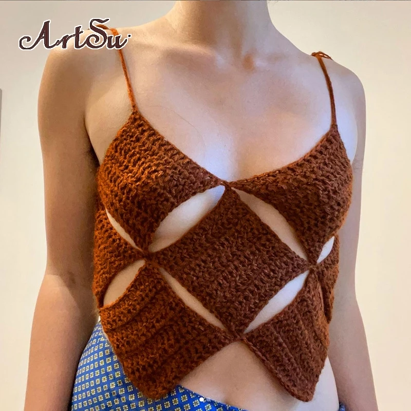 

Artsu Retro Style Short Sling Top Knitted Fabric Diamond Hollow Lace Design Camisole For Women Casual Wear Clothes