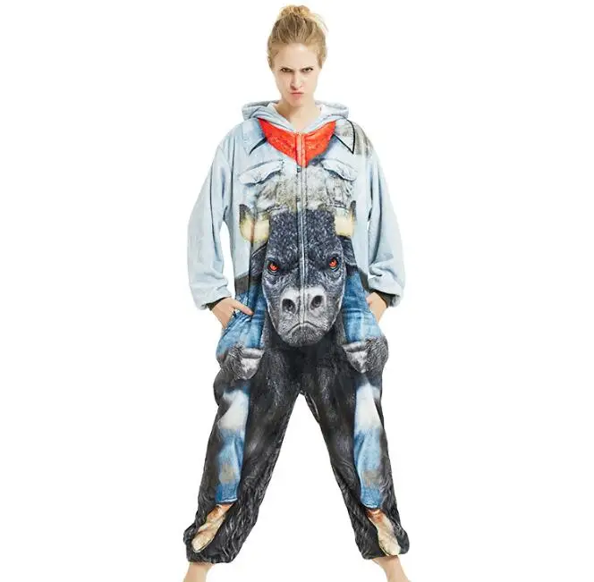 HKSNG/Новинка пижама кигуруми монстрами Булл фланелевая зимняя Пижама с 3D принтом