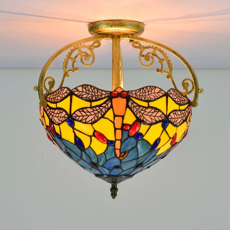 

30cm European-Style Retro Yellow Base Dragonfly Multi-Color Glass Restaurant Bedroom Aisle Corridor Bathroom Glass Semi
