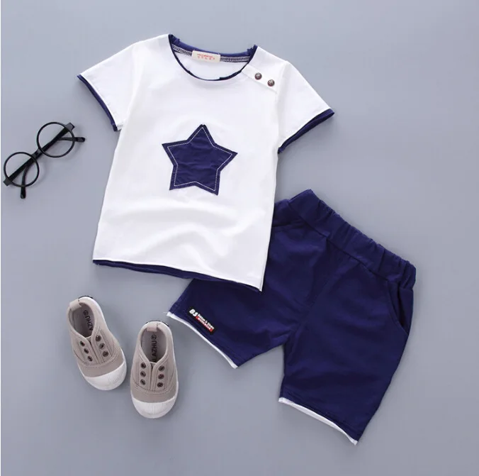 

OHMETOY 2021 Summer Children's Suit Boys and Girls Five-pointed Star Patch Short-sleeved T-shirt Shorts Two-piece Baby Clothes