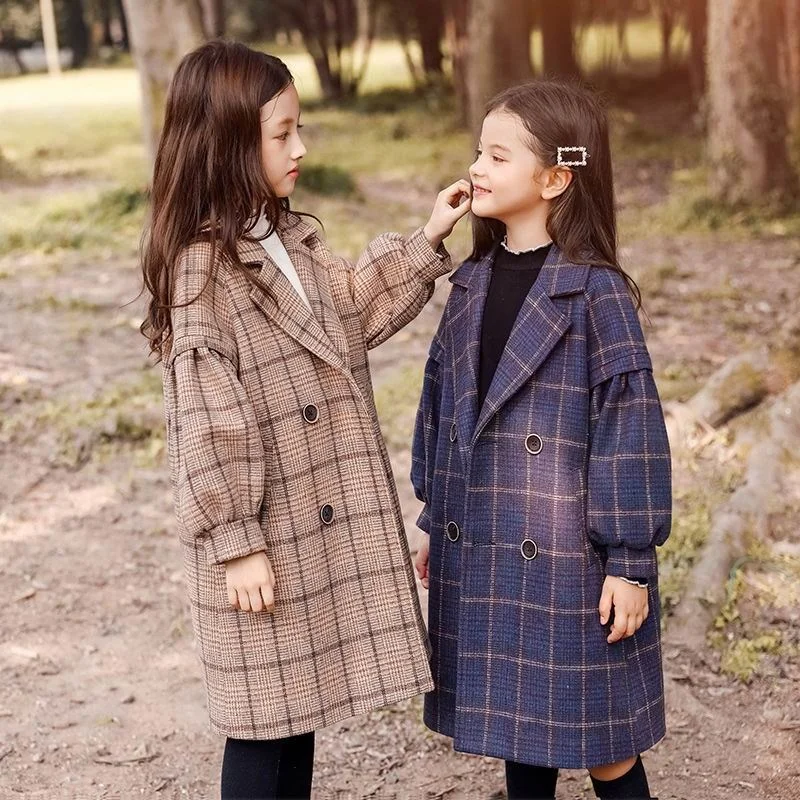 

4 6 8 10 12 Years Children Girls Khaki Trench Outerwear Winter Girls Thicken Plaid Jackets Woolen Long Parka Teenager Warm Coat
