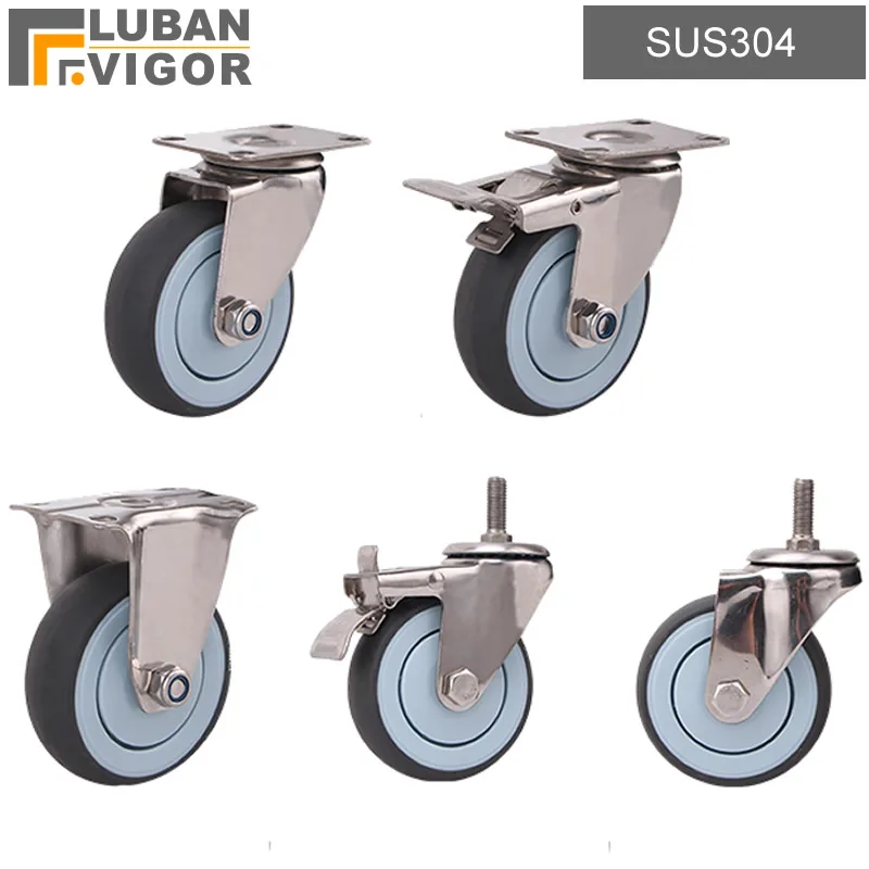 

304 stainless steel casters wheels, 3 / 4/ 5 inch ,Soft rubber tread, No rust,Medical wheel food factory Silent flat push wheel