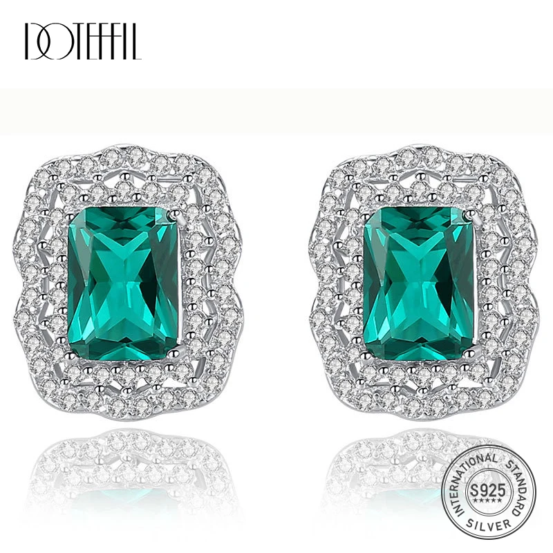 

DOTEFFIL New Cutting Luxury Emerald Stud Earring For Women Shining Double Zircon Temperament Earring Wedding Silver 925 Jewelry