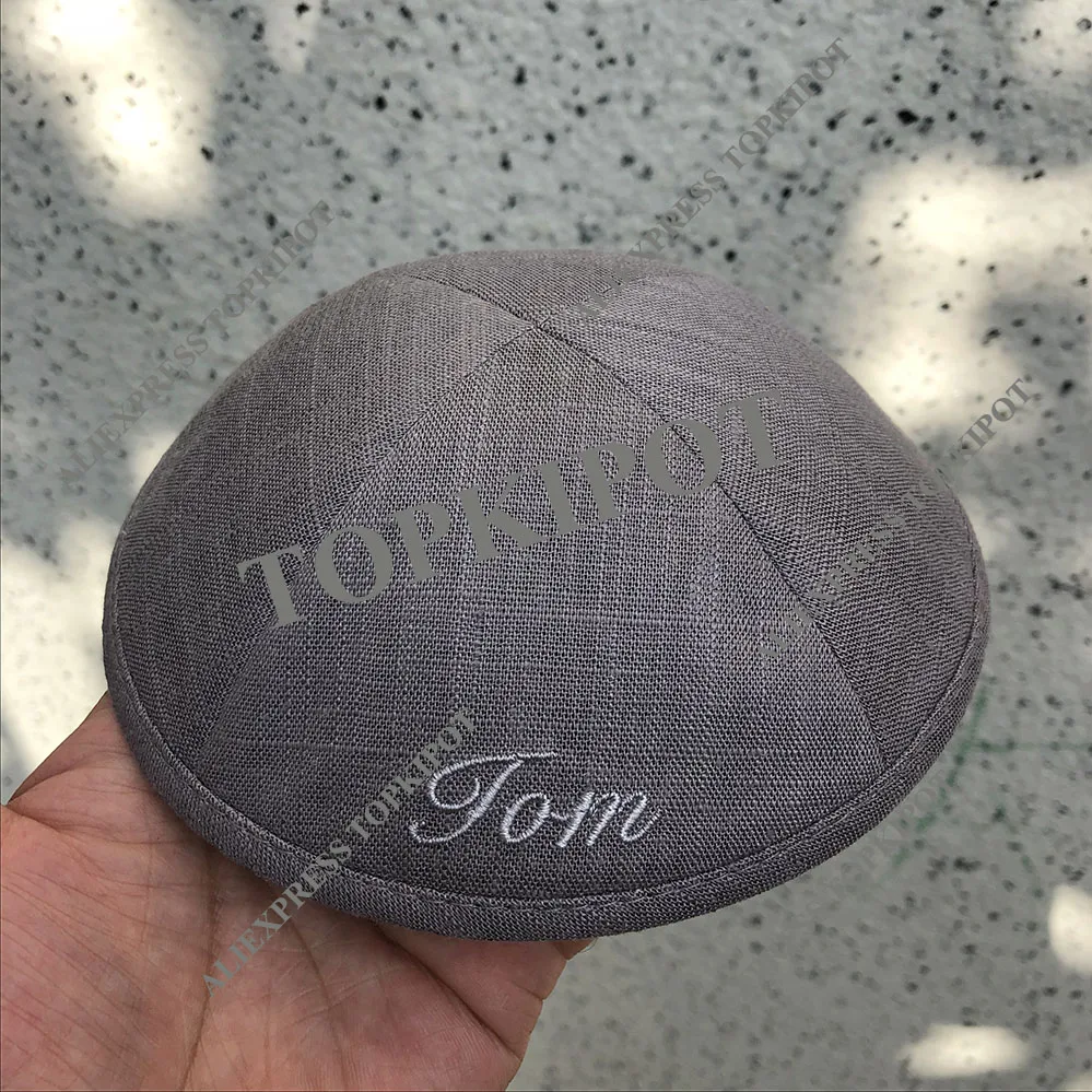 Серый льняной кипот, серебристо-серый Вышивка KIPPOT, KIPPAH шапки, YARMULKES, CIPA, еврей шапки