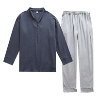 autumn and winter mens soft solid color pajamas set 100 gauze cotton toppants 2pcs sleepwear loose full sleevepants homewear