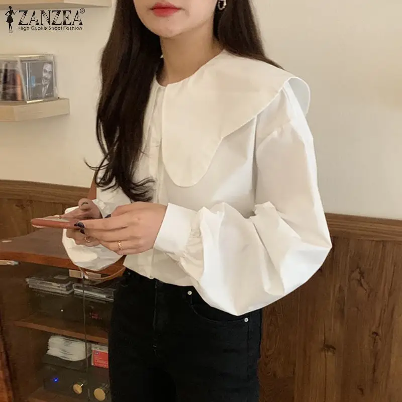 

Office Lady Shirts ZANZEA 2022 Women Elegant Summer Tops Casual Solid Long Sleeve Tunic Ladies Lapel Loose Oversized Blusa Femme