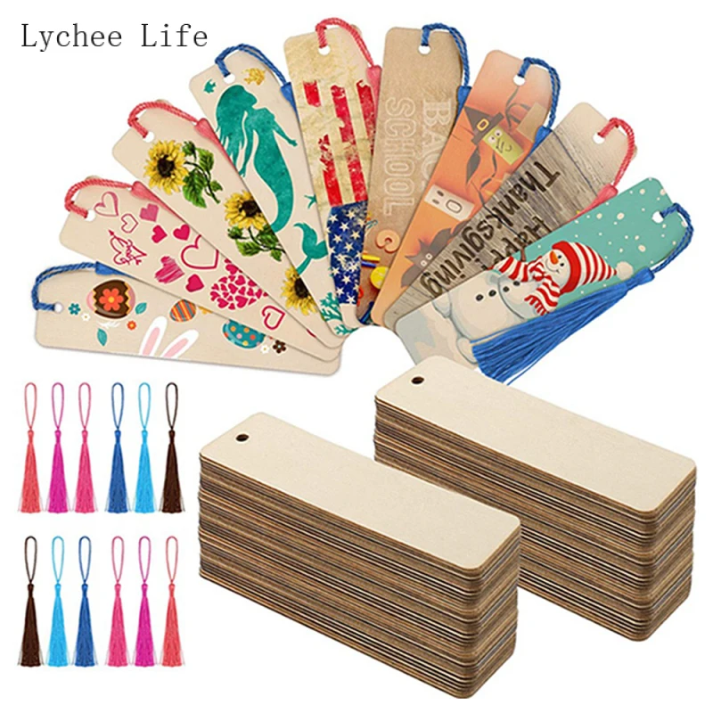 

Lychee Life 36Pcs/lot Rectangle Wood Blank Bookmarks Unfinished Hanging Wooden Tags For Diy Ornaments Home Decoration