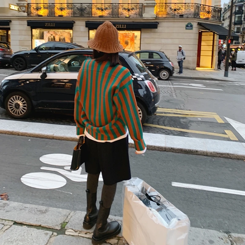 

O-Neck Soft Autumn Pullovers Women Sweaters Chic Daily Tops Womens Pullover Sweet Student Striped Harajuku Knitted Loose Outwear