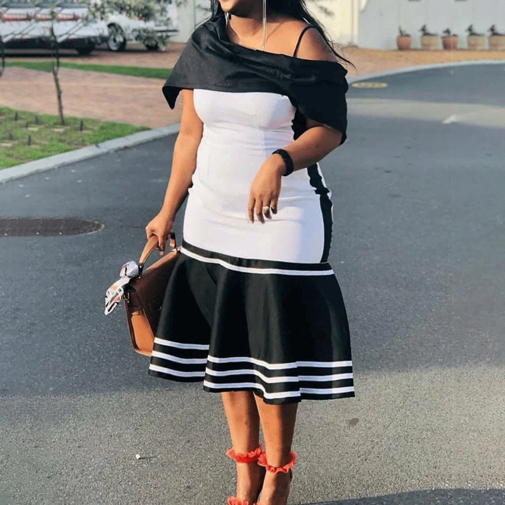 

Women's Dress African Sexy Slim Contrast Color Stitching Temperament Commuter Strapless Ruffled New Unique Design Prom Vestidos
