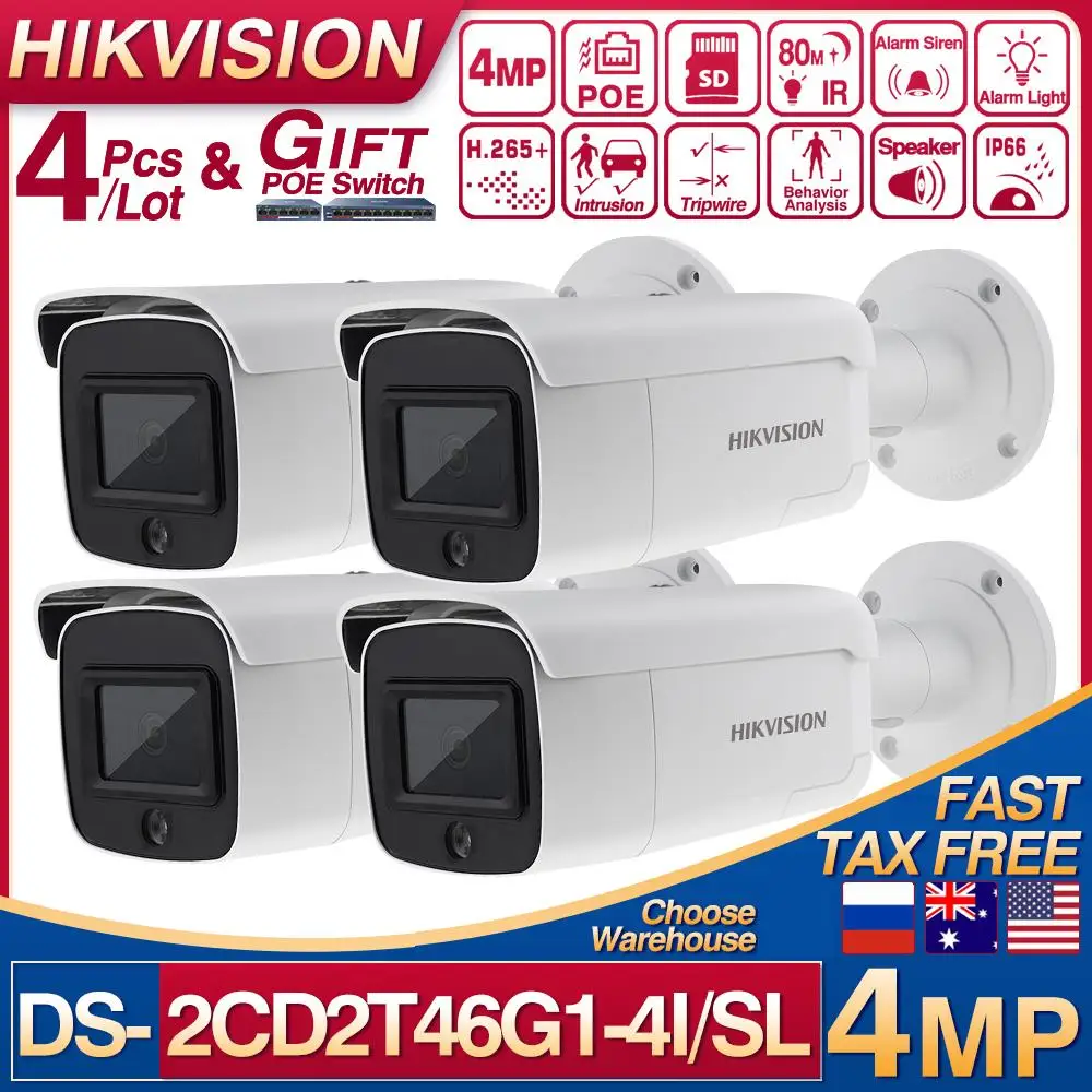 

Hikvision 4 шт./лот DS-2CD2T46G1-4I/SL 4 МП сетевая цилиндрическая IP-камера POE H.265 + AcuSense Стробоскопическая Лампа звуковая сигнализация Darkfighter IPC