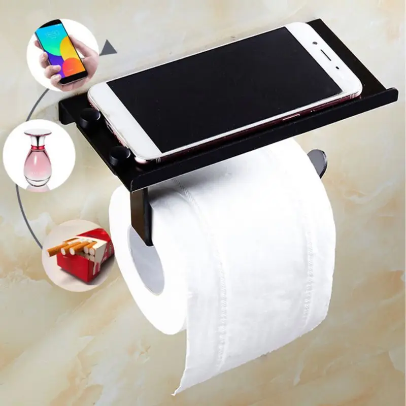 

Bathroom Toilet Roll Paper Holder Wall-mounted Aluminum Tissue Phone Rack Shelf